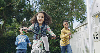 Buy stock photo Smile, friends and kid with bicycle outdoor for playing, running and hangout together. Happy child, girl and riding bike for cycling, learning balance and group adventure with energy for travel