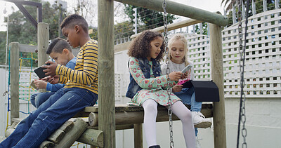 Buy stock photo Playground, happy and children with tech in park for bonding, playing and online games. Weekend, friends and kids with phone, tablet and internet for connection, entertainment and media in backyard