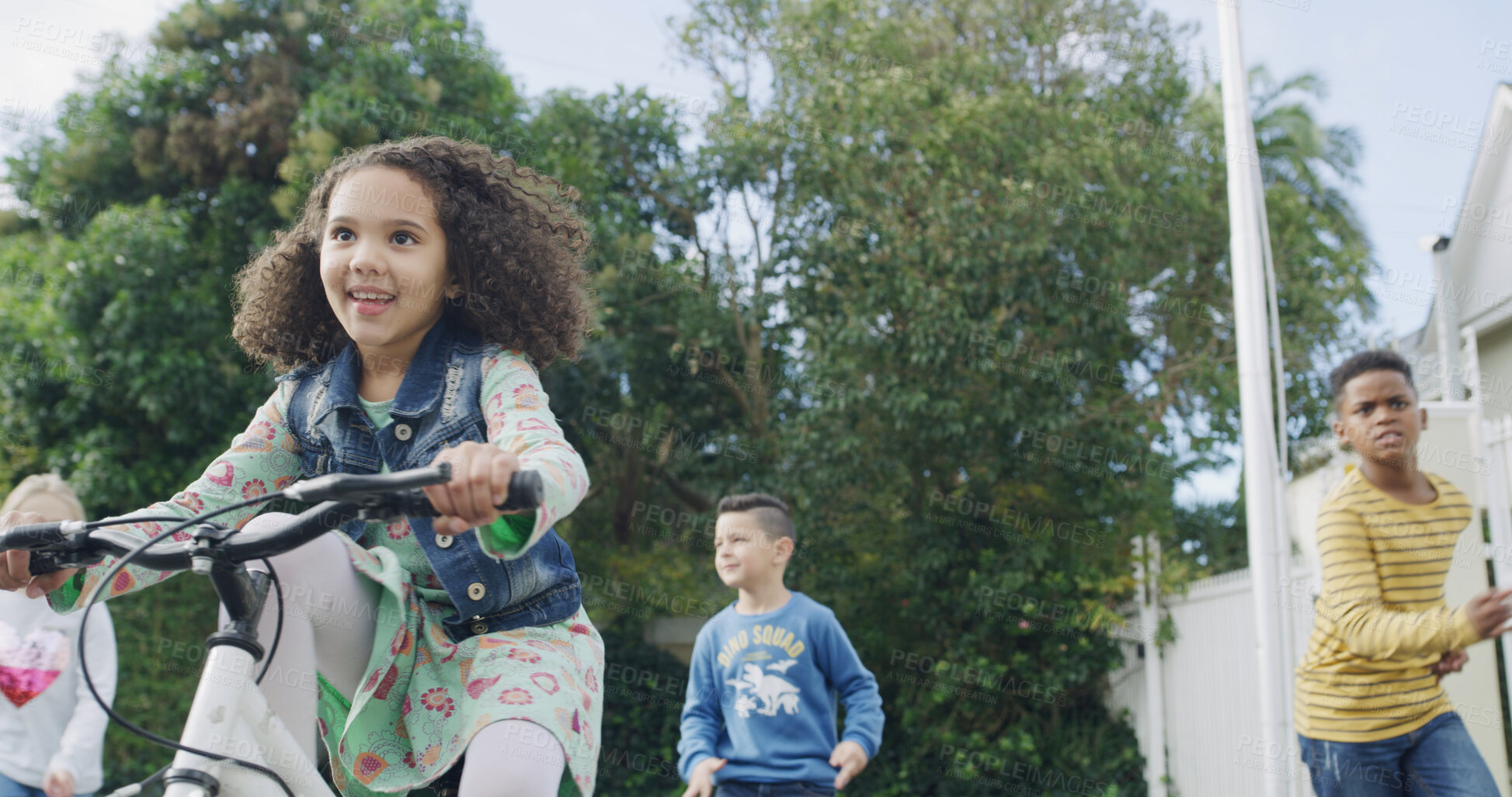Buy stock photo Happy, friends and child with bicycle outdoor for playing, running and smile with hangout together. Kid, girl and riding bike for cycling, learning balance and group adventure with energy for travel