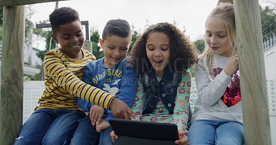 Buy stock photo Friends, tablet and smile with video in park for streaming movie, fun and break in backyard. Children, together and bonding with tech, laugh and internet for holiday in playground with comedy