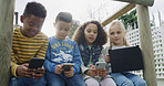 People, kids or playground with technology for anti social interaction or virtual stimulation. Children, group or friends with tablet, phone or app for emotional distration or childhood development