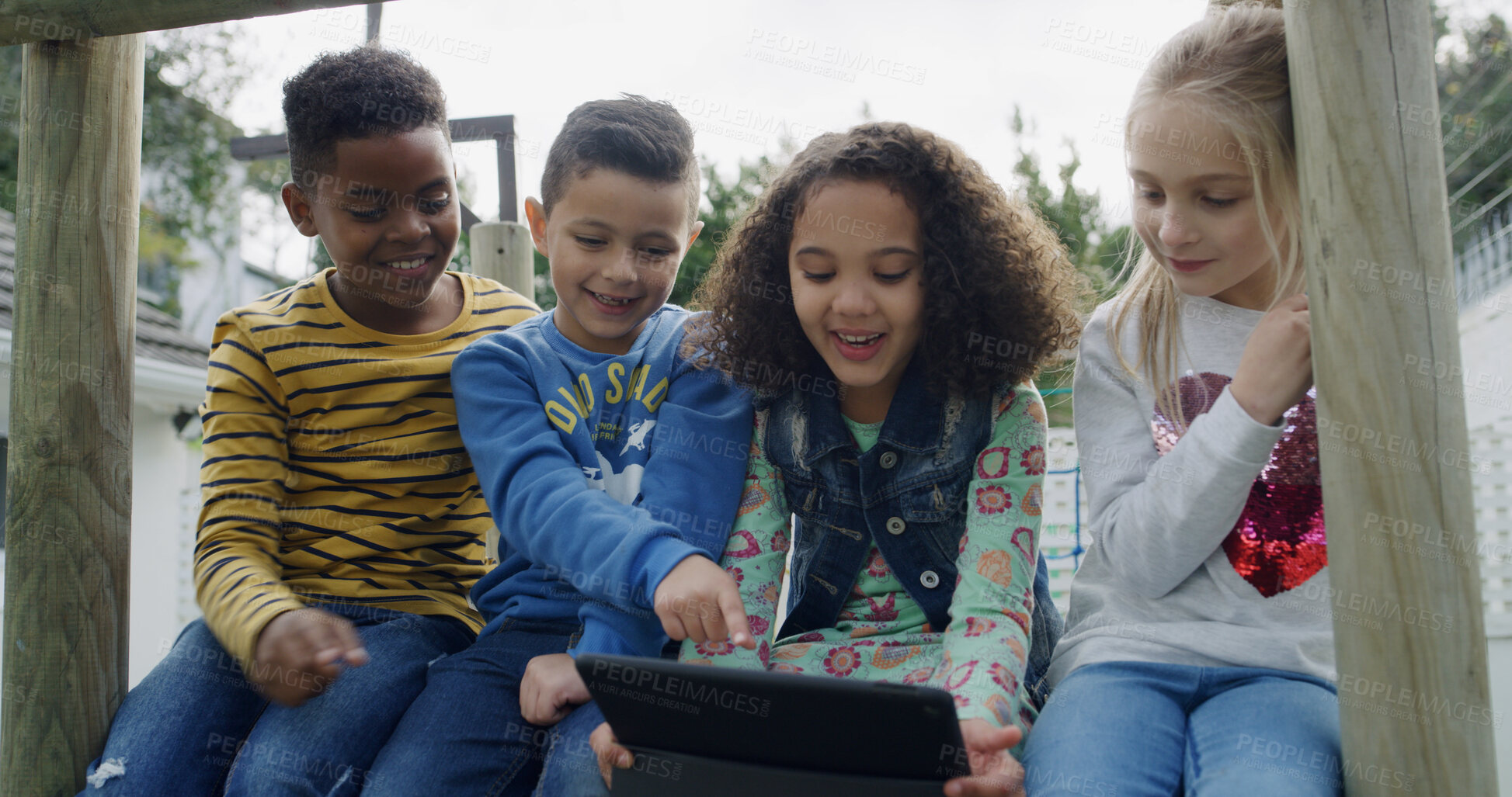 Buy stock photo Park, friends and children with tablet, happy and watching movies on website, pointing and together. Playground, kids or group with tech for cartoons, outdoor or subscription for entertainment on app