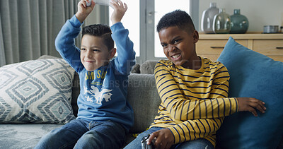 Buy stock photo Friends, lose and gaming with controller, home or winner of virtual sport in lounge and competitive. Loser, children and play with console for digital entertainment, success and competition in house