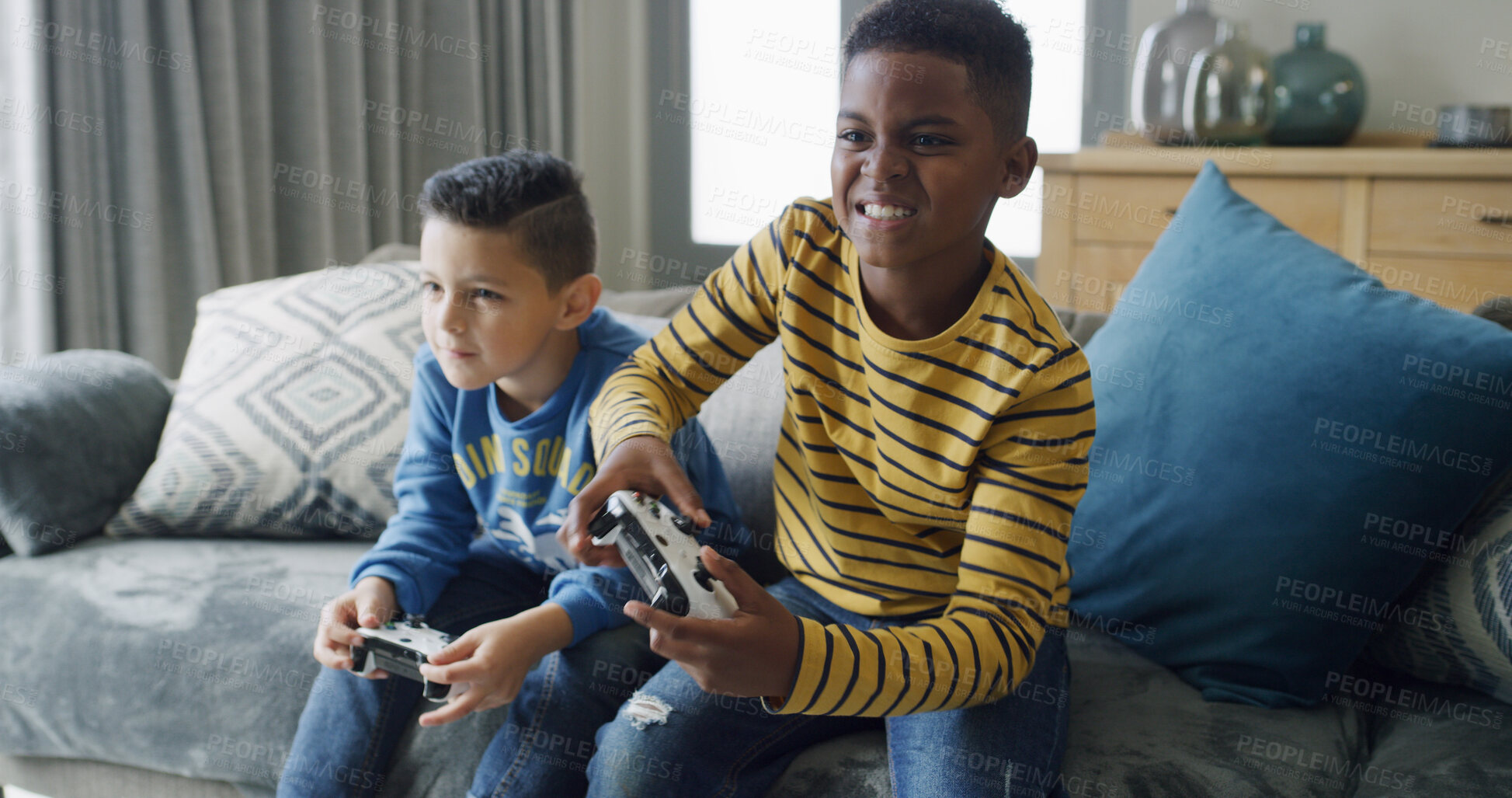 Buy stock photo Video games, friends and children on sofa in home for playing, fun and online entertainment together. Childhood, living room and boys with controller for gaming, competition and winning on weekend