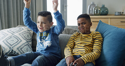 Buy stock photo Sore, loser and kids with controller, home or upset for win in living room, gamer and entertainment. Happy, boy and winner with console for digital competition, challenge or video games in house