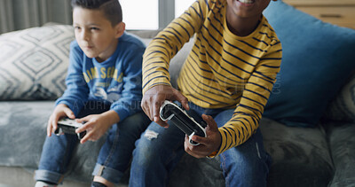 Buy stock photo Video games, friends and boys on sofa with controller for playing, fun and online entertainment together. Childhood, living room and kids with console for gaming, competition and winning on weekend