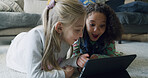Surprise, friends and kids with tablet in home for movie, internet app or streaming cartoon. Shocked girls, together and children with technology, watch show or wow with entertainment online on floor