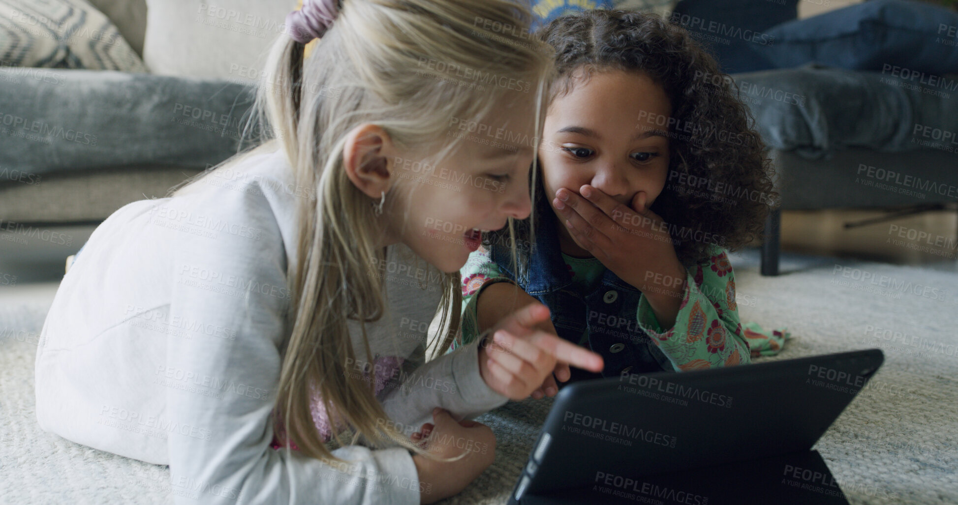 Buy stock photo Shock, friends and children with tablet, home or watching cartoons on streaming site in living room. Surprised, girls and subscription for movies on web, kids and together with tech for entertainment