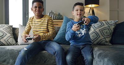 Buy stock photo Playing, video games and children with controller, home and competitive for digital sport in lounge. Friends, together and boys with tech for entertainment, virtual competition and kids in house