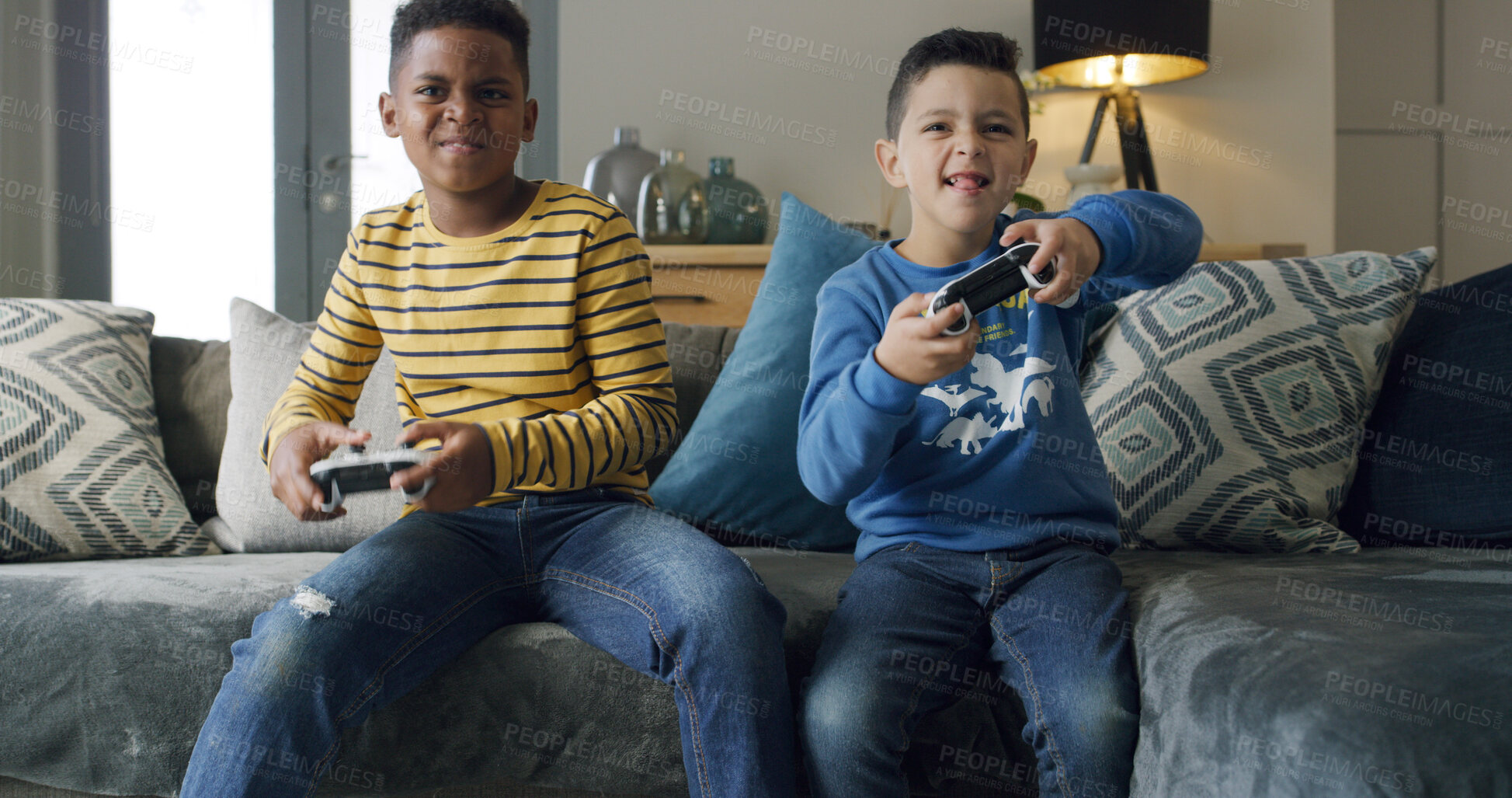 Buy stock photo Playing, video games and children with controller, home and competitive for digital sport in lounge. Friends, together and boys with tech for entertainment, virtual competition and kids in house