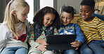 Watching, movies and children with tablet, home and bonding with friends, entertainment or cartoons. Happy, kids and group with tech for film in living room, smile and chilling on couch in house