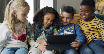 Buy stock photo Watching, movies and children with tablet, home and bonding with friends, entertainment or cartoons. Happy, kids and group with tech for film in living room, smile and chilling on couch in house