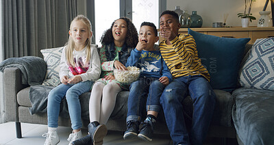 Buy stock photo Children, friends and watching tv with popcorn on sofa for movie or online entertainment in home. People, group or kids eating snack with show for streaming subscription, cartoon or series in house