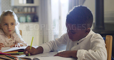Buy stock photo Writing, learning and homework with friends in house for education, class project and assessment. Knowledge, growth and students or kids in home for child development, math lesson and study together