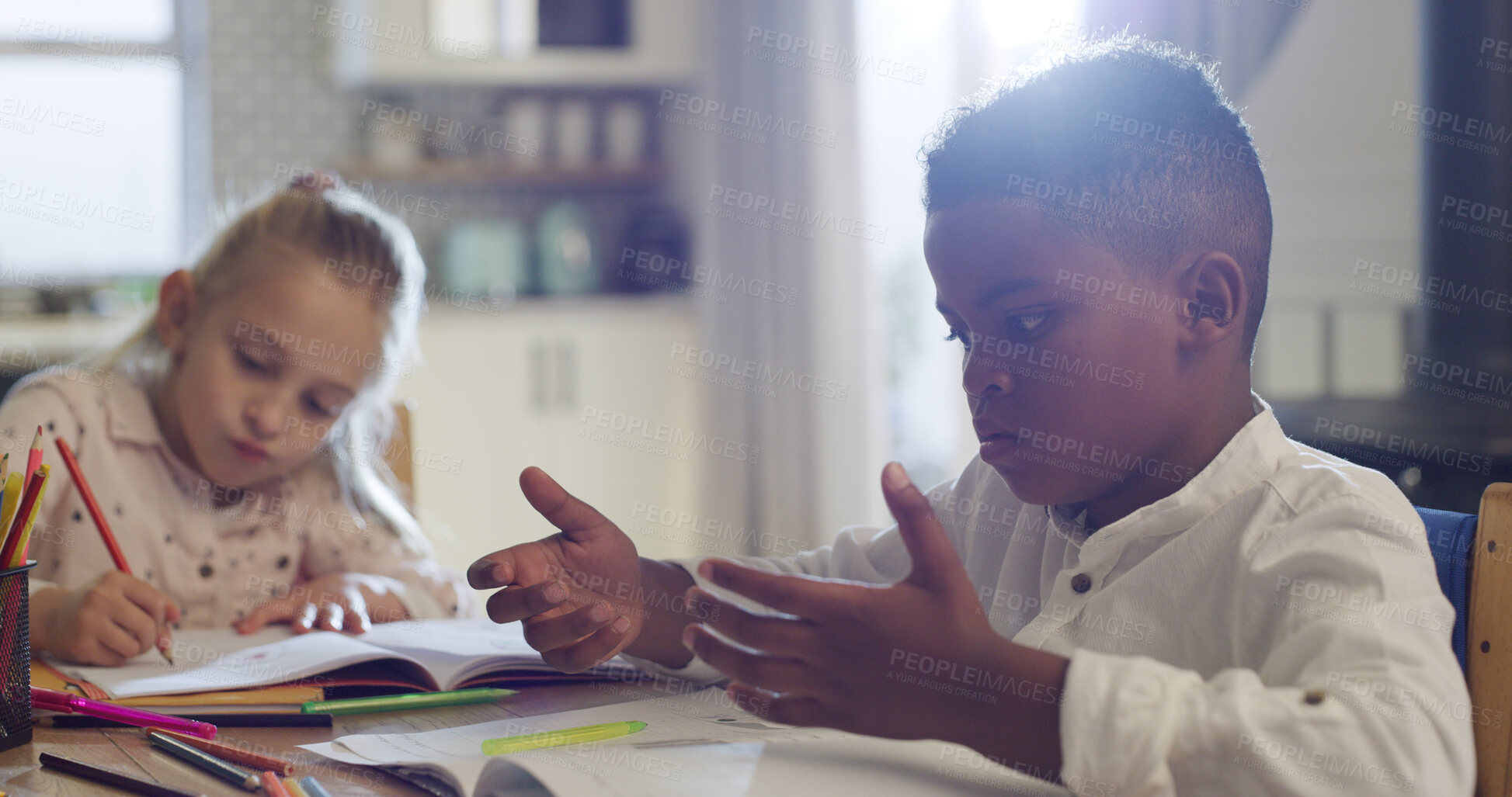 Buy stock photo Boy, math and counting with book for problem solving, study or homework in daycare center. Child, academic or thinking with notebook, learning or education for addition or subtraction lesson in house