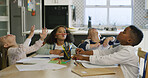 Goofy, homework and children in house with pencils for funny joke, bored or comedy together. Education, learning and kid students with silly humor for working on school assessment in kitchen.