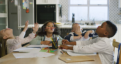 Buy stock photo Goofy, homework and children in house with pencils for funny joke, bored or comedy together. Education, learning and kid students with silly humor for working on school assessment in kitchen.