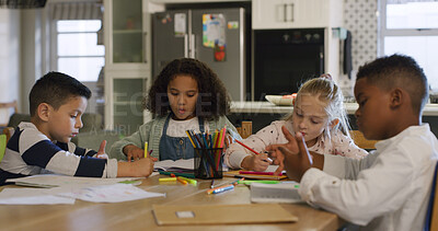 Buy stock photo Writing, education and homework with friends in house for learning, class project and assessment. Knowledge, growth and students or kids in home for child development, math lesson and study together