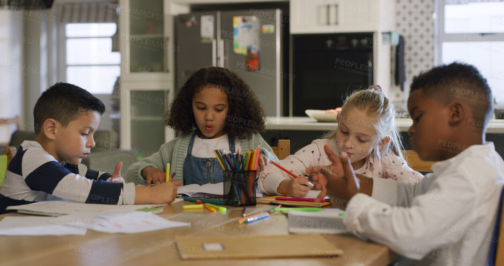 Buy stock photo Writing, education and homework with friends in house for learning, class project and assessment. Knowledge, growth and students or kids in home for child development, math lesson and study together