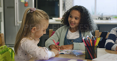 Buy stock photo Drawing, smile and homework with friends in house for education, class project and color. Knowledge, growth and students or kids study in home for child development, art lesson and learning together