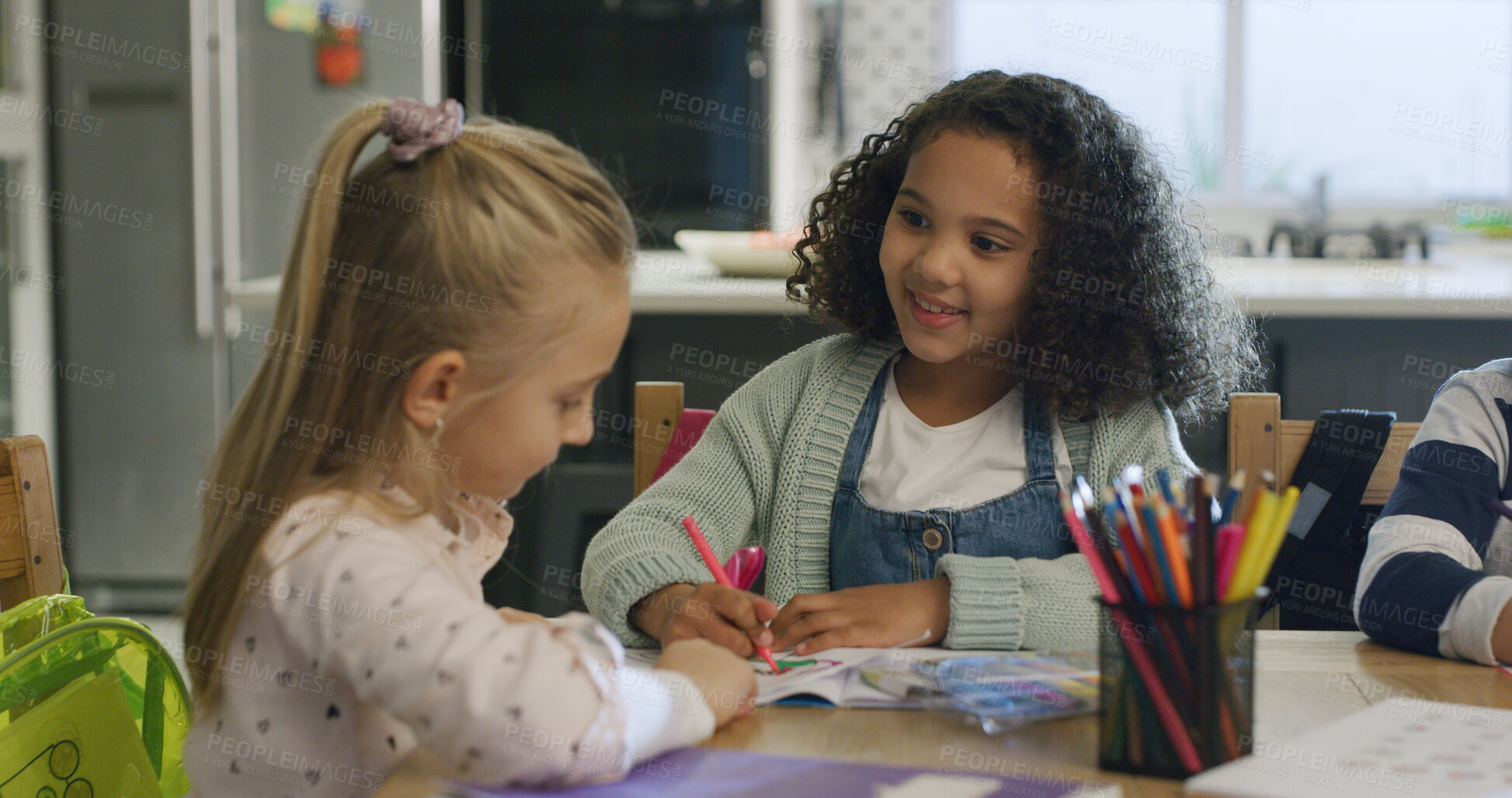 Buy stock photo Drawing, smile and homework with friends in house for education, class project and color. Knowledge, growth and students or kids study in home for child development, art lesson and learning together