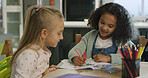 Drawing, learning and homework with friends in house for education, class project and color. Knowledge, growth and students or kids in home for child development, art lesson and study together