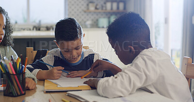 Buy stock photo Education, homework and writing with student children in dining room for distance learning. Development, growth and home school with group of kids at table in apartment for knowledge as friends