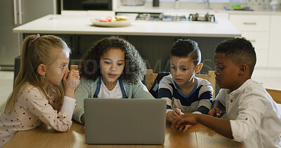 Buy stock photo Education, laptop and student children in dining room together for distance learning or home school. Computer, homework and research with friends in apartment for development, group study or growth