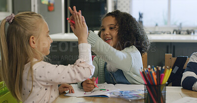Buy stock photo Happy girl, friends and drawing with high five in classroom for creative learning success in school. Child, kids or touch with smile for fun education, teamwork or childhood development in class