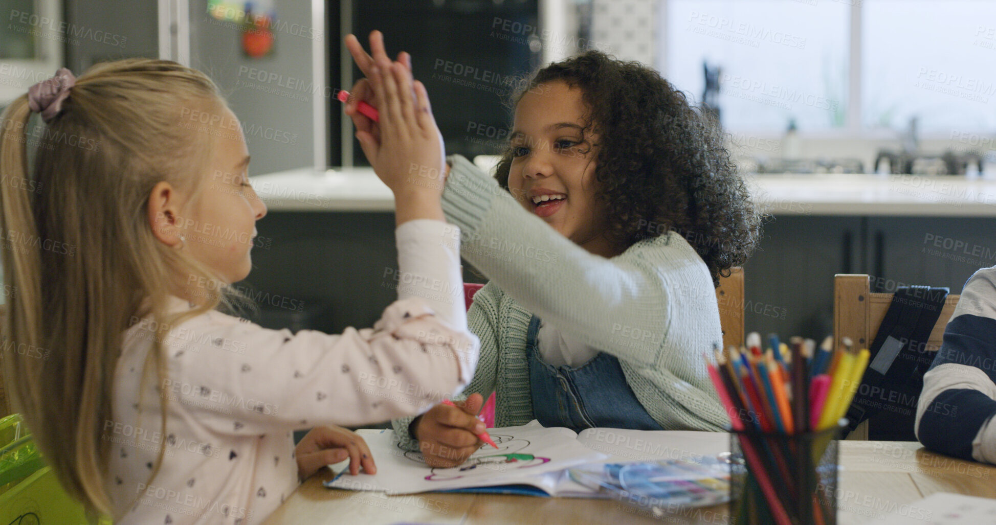 Buy stock photo Happy girl, friends and drawing with high five in classroom for creative learning success in school. Child, kids or touch with smile for fun education, teamwork or childhood development in class