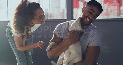 Buy stock photo Charity, volunteers and people with dog, hug or affection for domestic companion and animal shelter. Happy, man and woman with pet, community service and foster care of canine in rescue center