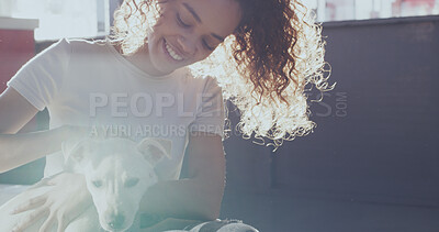 Buy stock photo Adoption, pet and happy woman with dog for bonding, companion and comforting in kennel. Animal shelter, rescue sanctuary and person with canine for foster care, volunteer work and community service