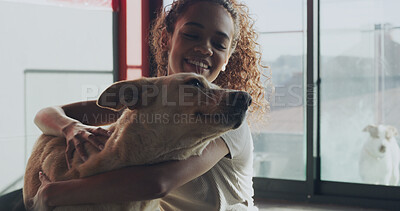 Buy stock photo Adoption center, pets and woman with dog for bonding, companion and comforting in kennel. Animal shelter, rescue sanctuary and person with canine for foster care, volunteer work and community service