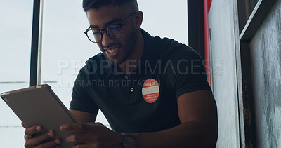 Buy stock photo Tablet, happy and man at adoption center for online application, website and pet information. Animal shelter, sanctuary and person on digital tech for volunteering, rescue and foster care research