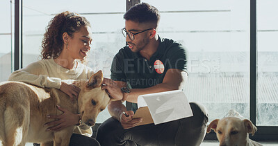 Buy stock photo Animal shelter, people and volunteer with clipboard, dogs or affection for domestic pet or adoption. Rescue center, attendant and man with checklist for agreement, woman and process for foster care