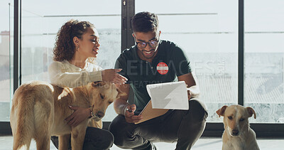 Buy stock photo Animal shelter, people and volunteer with clipboard, smile or paperwork for adoption process of dog. Rescue center, attendant and man with checklist for agreement, woman and document for foster care