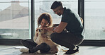 Charity, cuddle and dog with couple at animal shelter together for humanitarian responsibility. Adoption, foster care and pet rescue with people at kennel or pound to search for loyal companion
