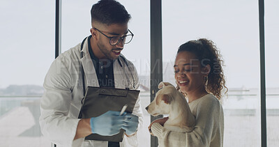 Buy stock photo Adoption, clipboard and people with dog for rescue application, health check and pet information. Animal shelter, sanctuary and man with paperwork for woman for foster, care and approval process