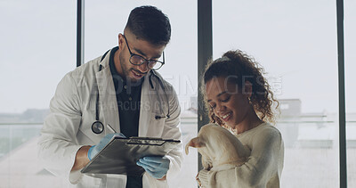 Buy stock photo Adoption, clipboard and people with dog for foster application, health check and pet information. Animal shelter, sanctuary and man with paperwork for woman for rescue, care and approval process
