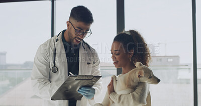 Buy stock photo Adoption, writing on clipboard and people with dog for foster application, health check and pet info. Animal shelter, sanctuary and man with paperwork for woman for rescue, care and approval process