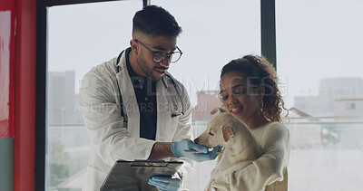 Buy stock photo Adoption, clipboard and man with woman and dog for foster application, health check and pet information. Animal shelter, sanctuary and people with paperwork for rescue, care and approval process