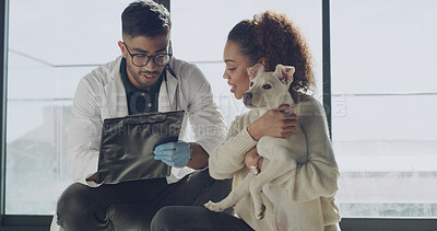 Buy stock photo Man, veterinary or clipboard with dog for checkup, animal welfare or petcare in clinic. Male person, vet and woman with pet, consult or canine for medical results, exam or treatment at indoor shelter