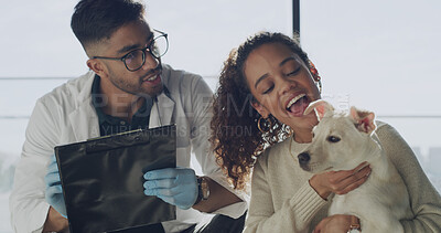 Buy stock photo Smile, veterinary and dog with woman in clinic for appointment, support and pet care. Animal welfare, medical treatment and help with man and puppy for checkup, diagnosis and healthcare together