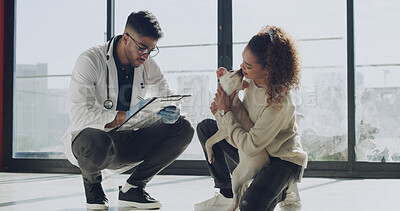 Buy stock photo Clipboard, veterinary and dog with woman in clinic for appointment, support and pet care. Animal welfare, medical treatment and help with man and puppy for checkup, diagnosis and healthcare together