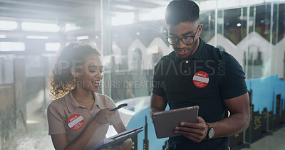 Buy stock photo Team, adoption center and people on tablet for online application, website and pet information. Animal shelter, sanctuary and man with woman on digital tech for volunteering, rescue and foster review