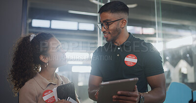 Buy stock photo Nonprofit, animal shelter and people with tablet for pet info, volunteering or adoption application. Flare, happy volunteers and digital tech at rescue center for admin data, charity NGO and teamwork