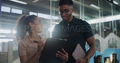 Buy stock photo Clipboard, discussion and volunteer with people at pound for adoption application, team and charity. Animal welfare organization, foster care agreement and pet form with man and woman with paperwork