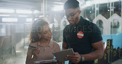 Buy stock photo Tablet, adoption center and people for online application, website and pet information. Animal shelter, sanctuary and man with woman on digital tech for volunteering, rescue and foster care review