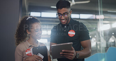 Buy stock photo Happy, team and people on tablet at animal shelter for online application, website or pet info. Adoption center, sanctuary and person on digital tech for volunteering, rescue and foster care research