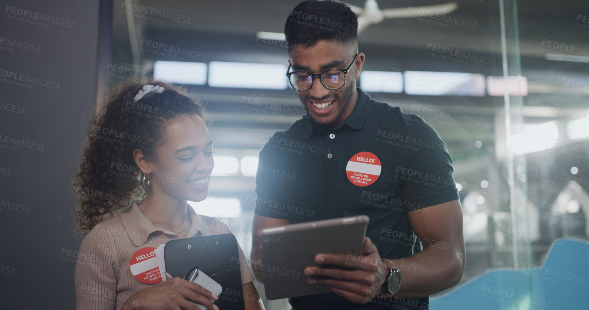 Buy stock photo Happy, team and people on tablet at animal shelter for online application, website or pet info. Adoption center, sanctuary and person on digital tech for volunteering, rescue and foster care research